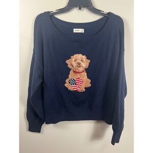 Hollister Navy Blue Dog with American Flag‎ Heart Sweater Women's Size S